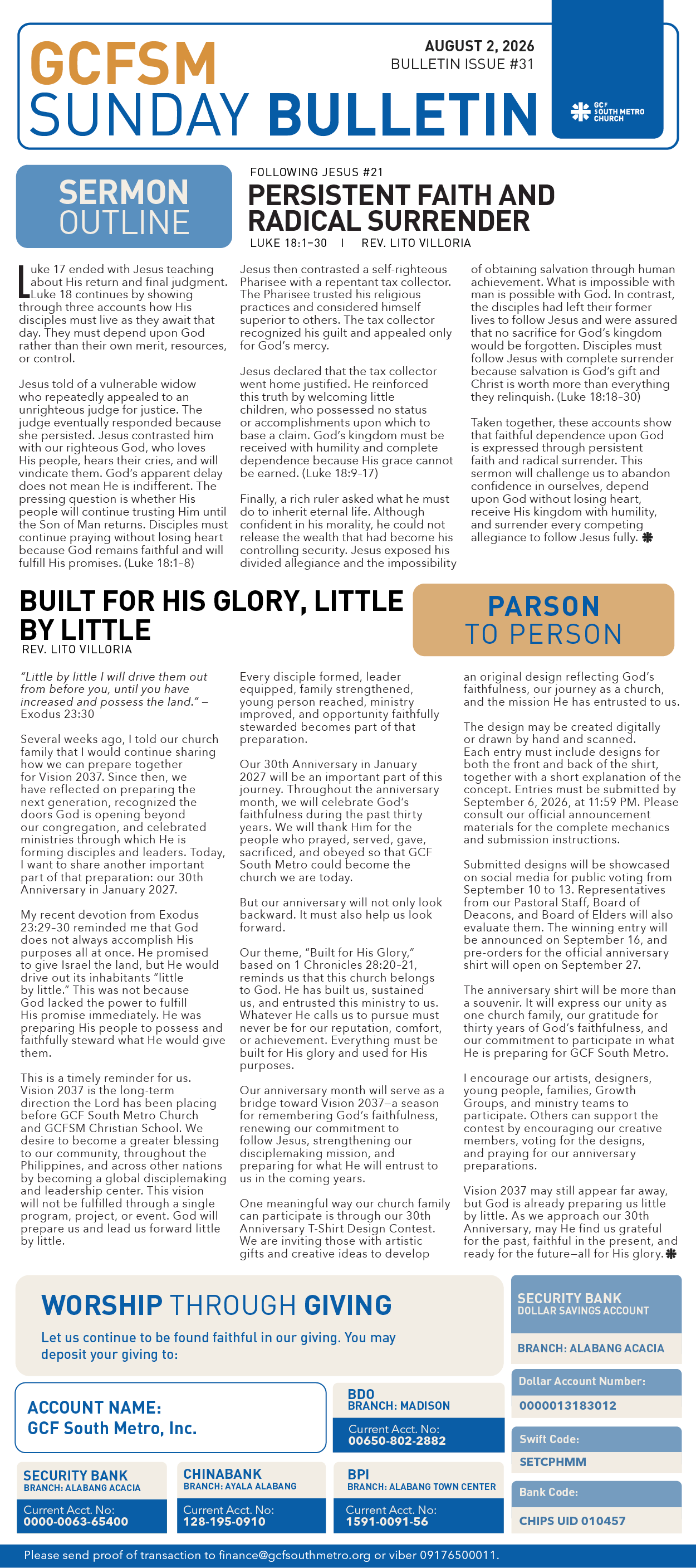 GCFSM Sunday Bulletin August 2, 2026