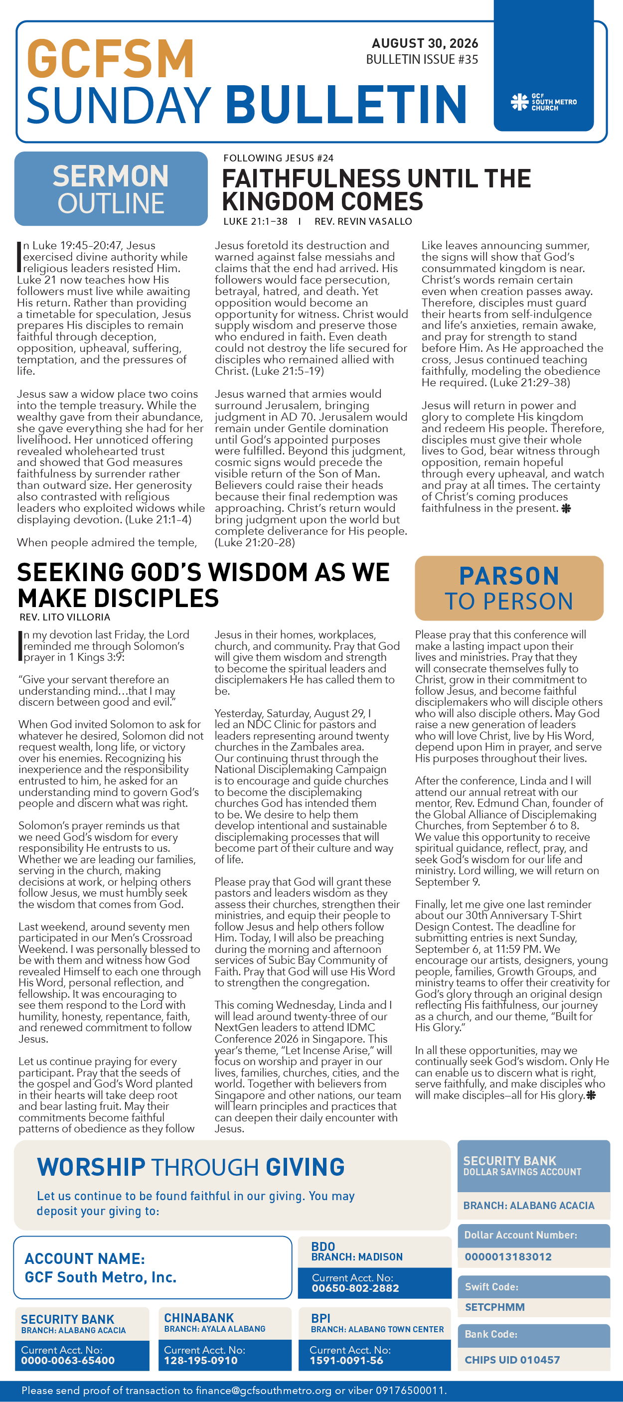 GCFSM Sunday Bulletin August 30, 2026