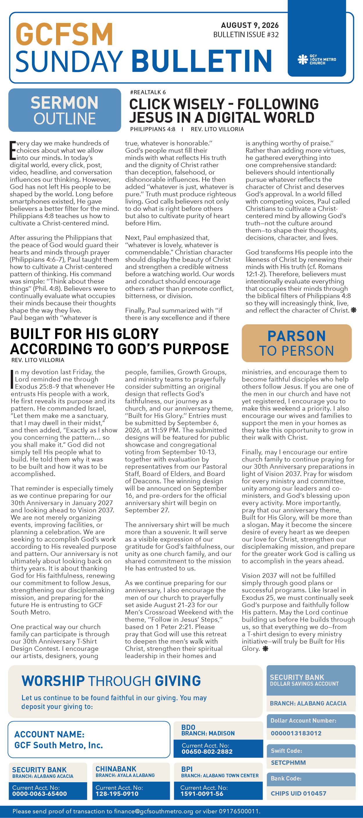 GCFSM Sunday Bulletin August 9, 2026