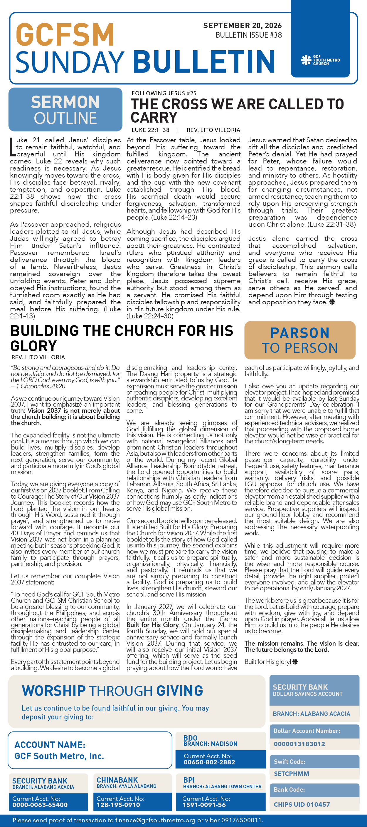 GCFSM Sunday Bulletin September 20, 2026
