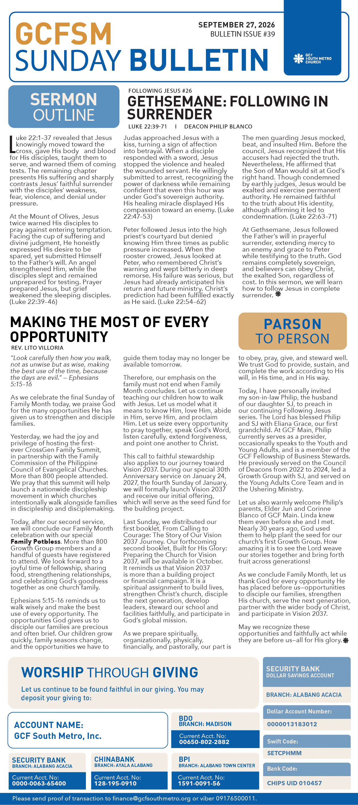 GCFSM Sunday Bulletin September 27, 2026