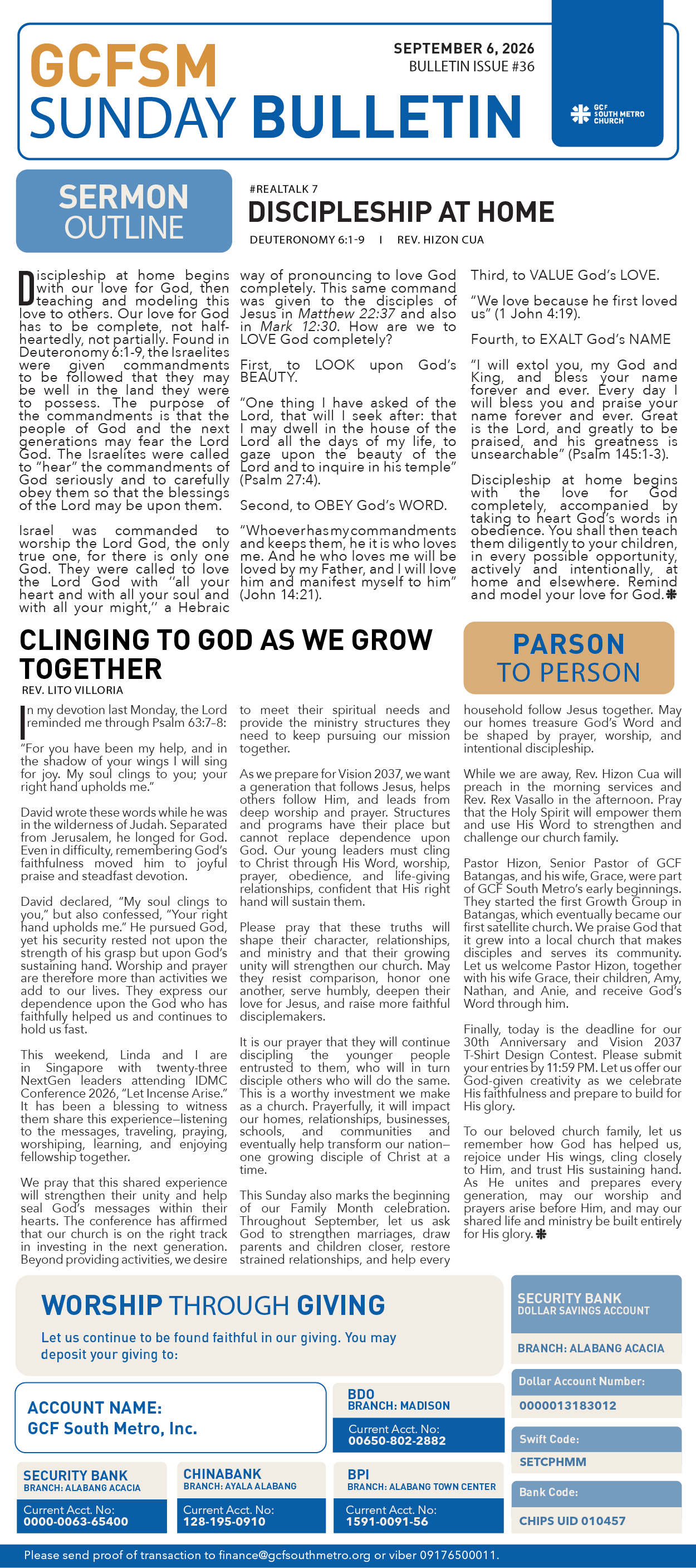 GCFSM Sunday Bulletin September 6, 2026
