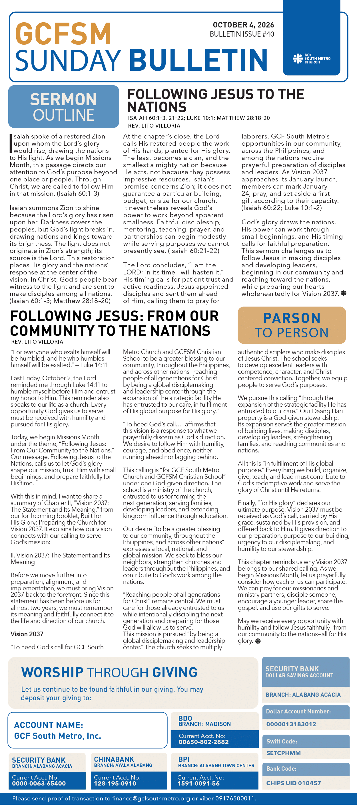 GCFSM Sunday Bulletin October 4, 2026